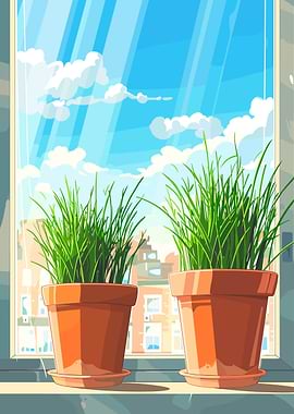Potted Grass Window View
