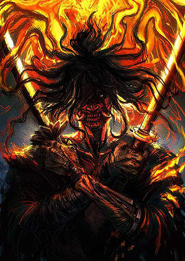 Fiery Samurai Warrior with Swords