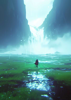 Lone Figure by a Waterfall Landscape