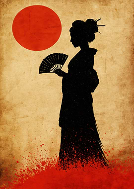 Geisha Silhouette with Red Sun