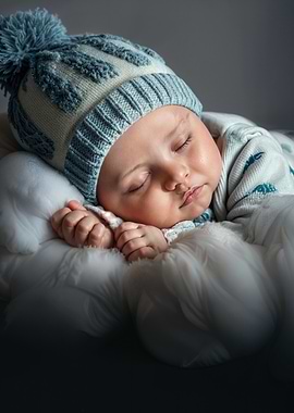 Sleeping Baby with Blue Knitted Hat