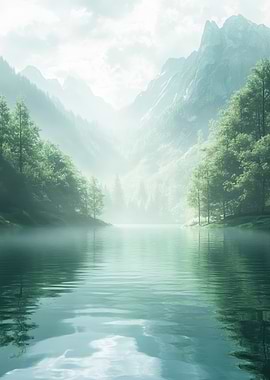 Misty Lake and Mountain Landscape