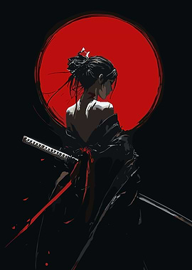 Samurai Woman with Katana and Red Sun