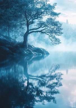 Misty Lake with Tree