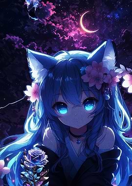 Anime Girl with Cat Ears and Rose