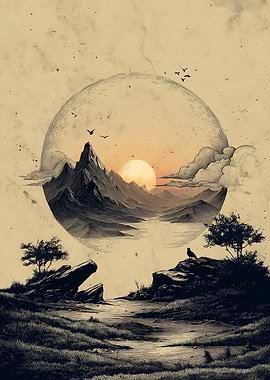 Monochrome Mountain Landscape with Birds