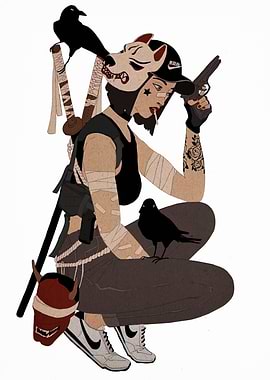 Cyberpunk Warrior with Crows and Masks