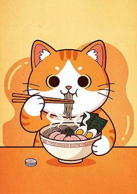 Cute Cat Eating Ramen Illustration
