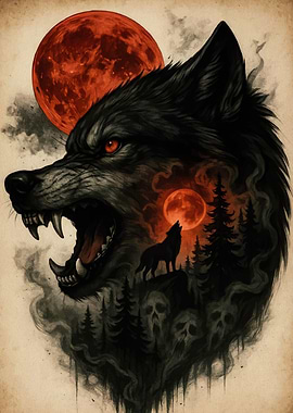 Wolf Howling Blood Moon