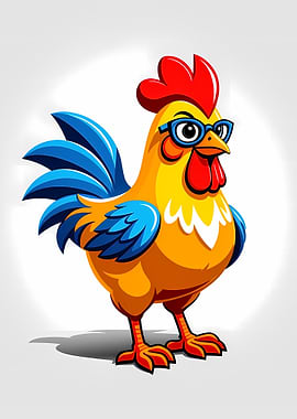 Smart Cartoon Rooster with Glasses in Vibrant Colors