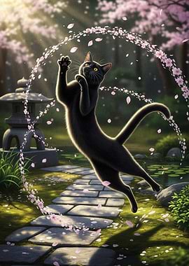 Black cat playing in cherry blossoms