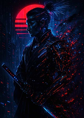 Cyberpunk Samurai in Neon Cityscape