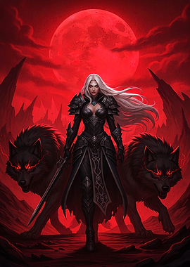 Warrior Woman with Wolves under Red Moon