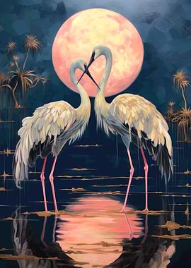 Stork Pair Under Pink Moon Painting