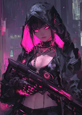 Cyberpunk Girl with Glowing Eyes and Gun