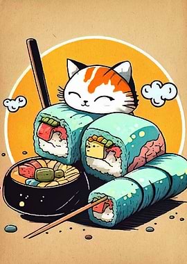 Sushi Cat Cartoon Illustration