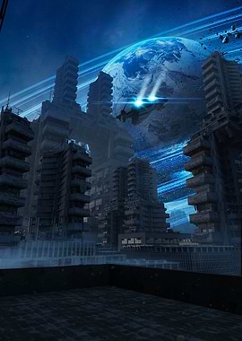 Futuristic Cityscape with Spaceship and Planet