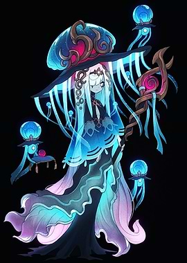 Mushroom Witch with Glowing Orbs
