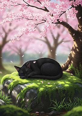 Black cat sleeping under cherry blossoms