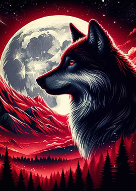 Wolf Red Landscape Moon