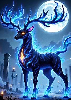 Mystical Fire Deer Moonlight