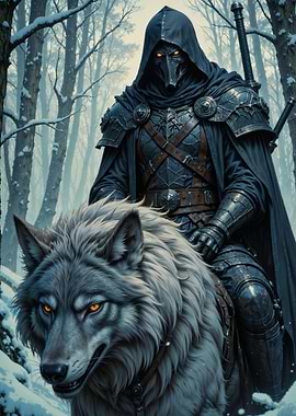 Armored Rider on Wolf in Winter Forest