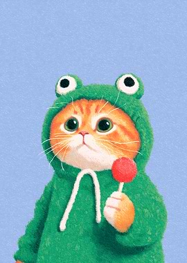 Cat in Frog Hoodie with Lollipop