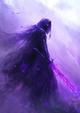 Purple hooded figure with glowing sword