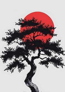 Bonsai Tree and Red Sun