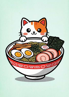 Cute Cat with Ramen Bowl Illustration
