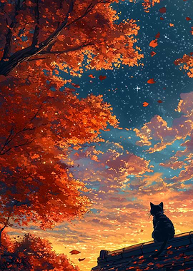 Cat Under Autumn Sky