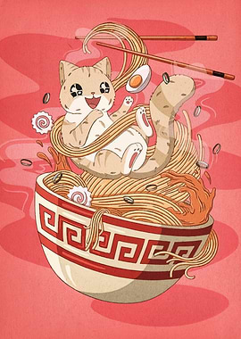 Cat in Ramen Bowl Illustration