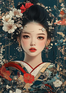 Asian Woman with Floral Kimono Portrait