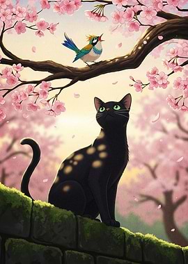 Black Cat and Bird in Spring