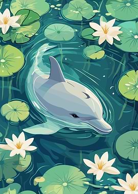 Dolphin in Lily Pond Illustration
