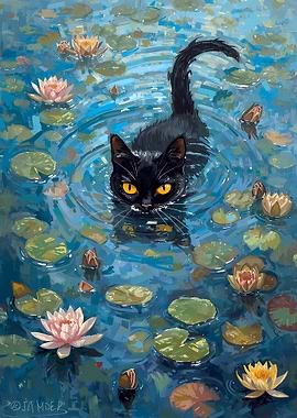 Black Cat in Lily Pond Painting