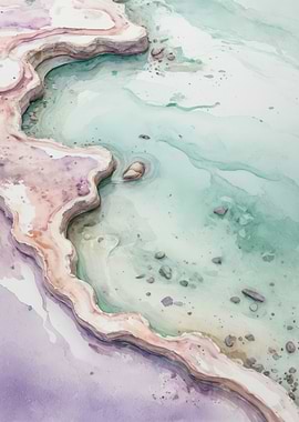 Pastel Coastal Watercolor Aerial - Soft Turquoise Shoreline Painting