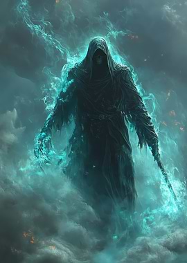 Ethereal Grim Reaper in Turquoise Flames