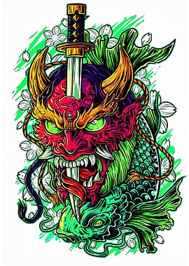 Japanese Oni Mask with Koi Fish