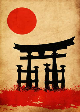 Japanese Torii Gate with Red Sun