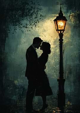 Romantic Embrace Under Streetlight
