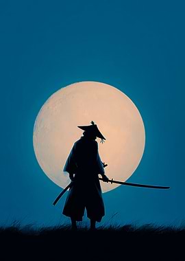 Samurai Silhouette Under Full Moon