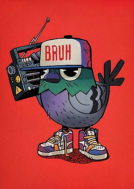 Cartoon Pigeon with Boombox and Sneakers
