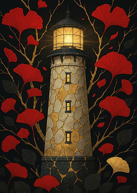 Lighthouse with Ginkgo Leaves