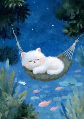 Sleeping Cat in Hammock Under Stars