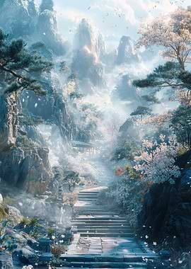 Mountain Path with Blossoms and Mist