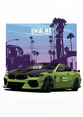 Green BMW M8 in Cityscape Illustration