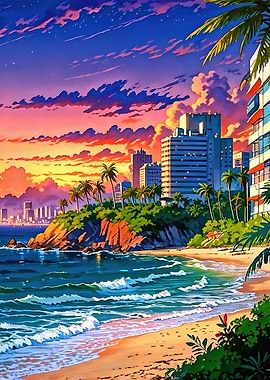 Tropical Beach Cityscape at Sunset