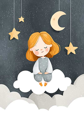 Dreamy Girl on Cloud with Stars