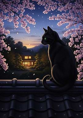 Black cat under cherry blossom tree